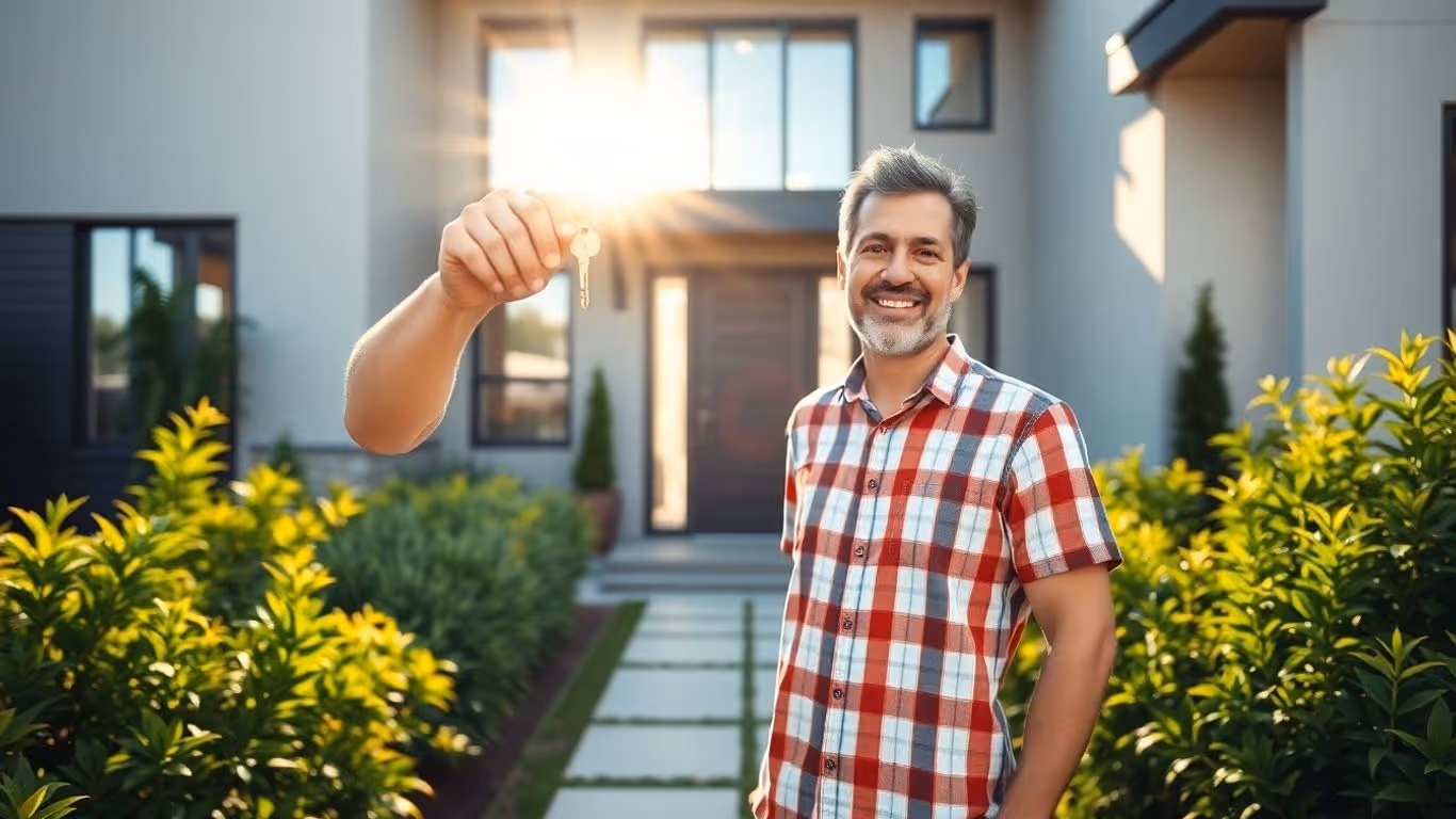 Homeowner with key, happy about refinancing home.