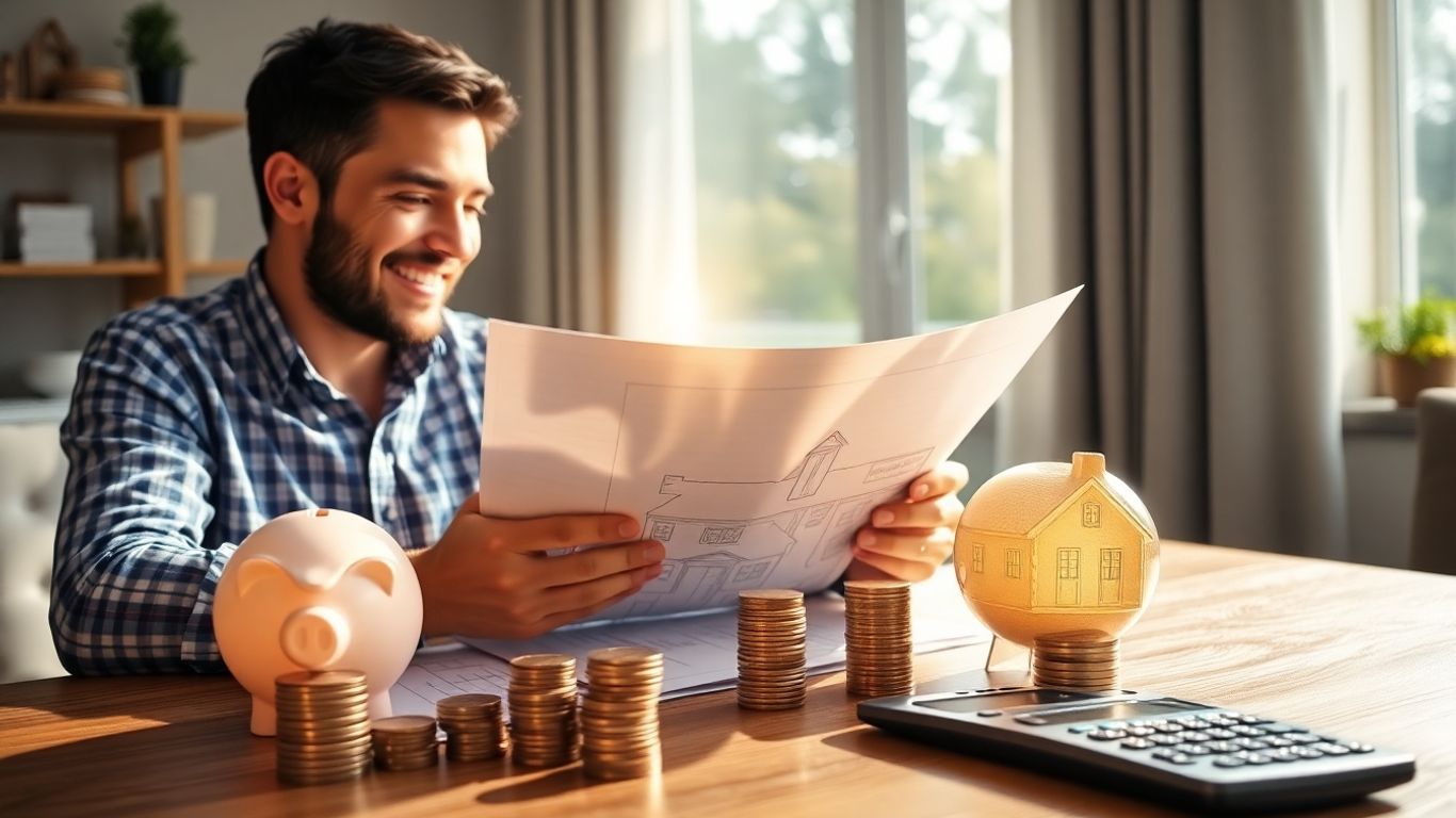 Homeowner with piggy bank and house plans