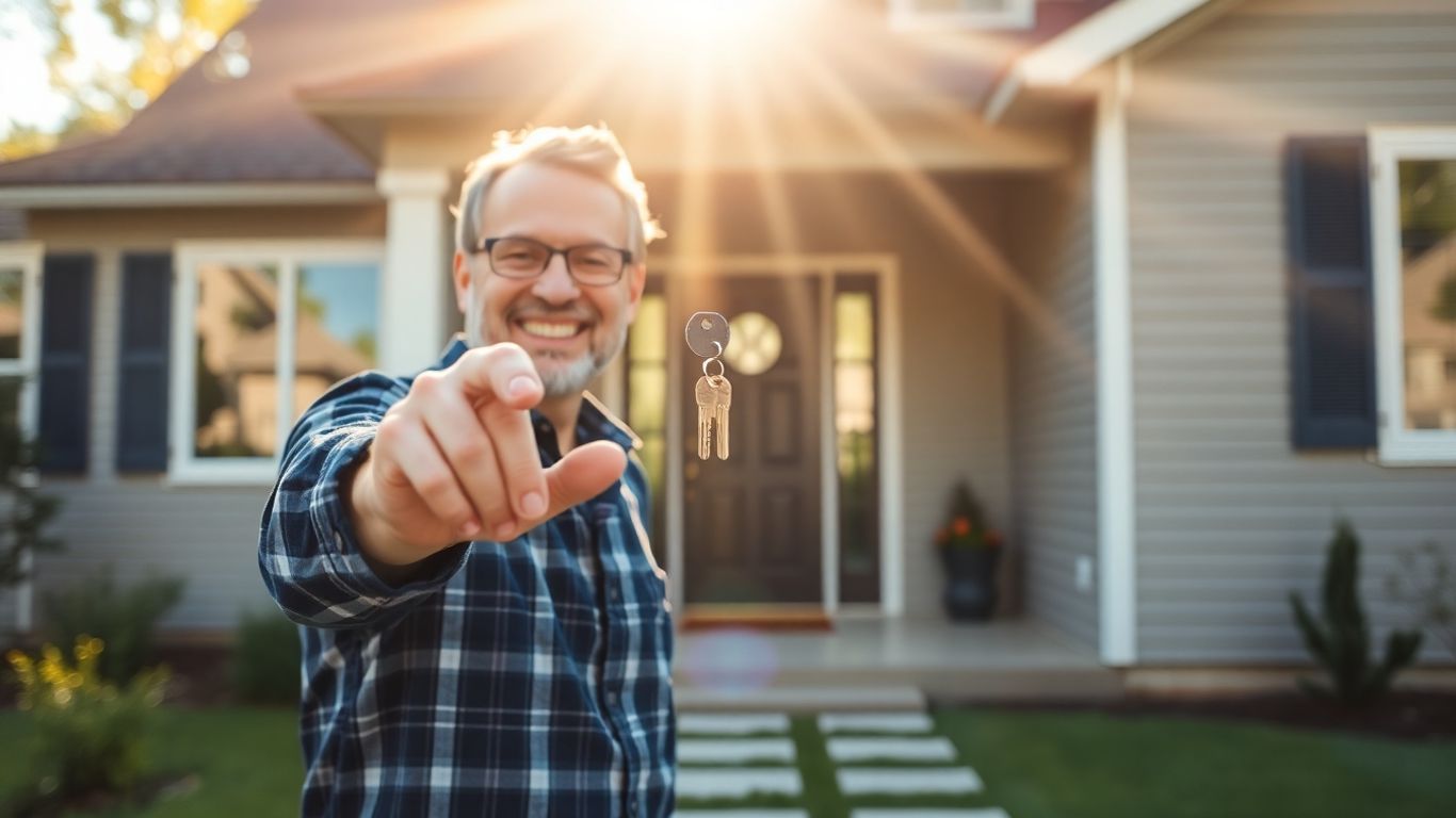 Homeowner with key, symbolizing mortgage savings.