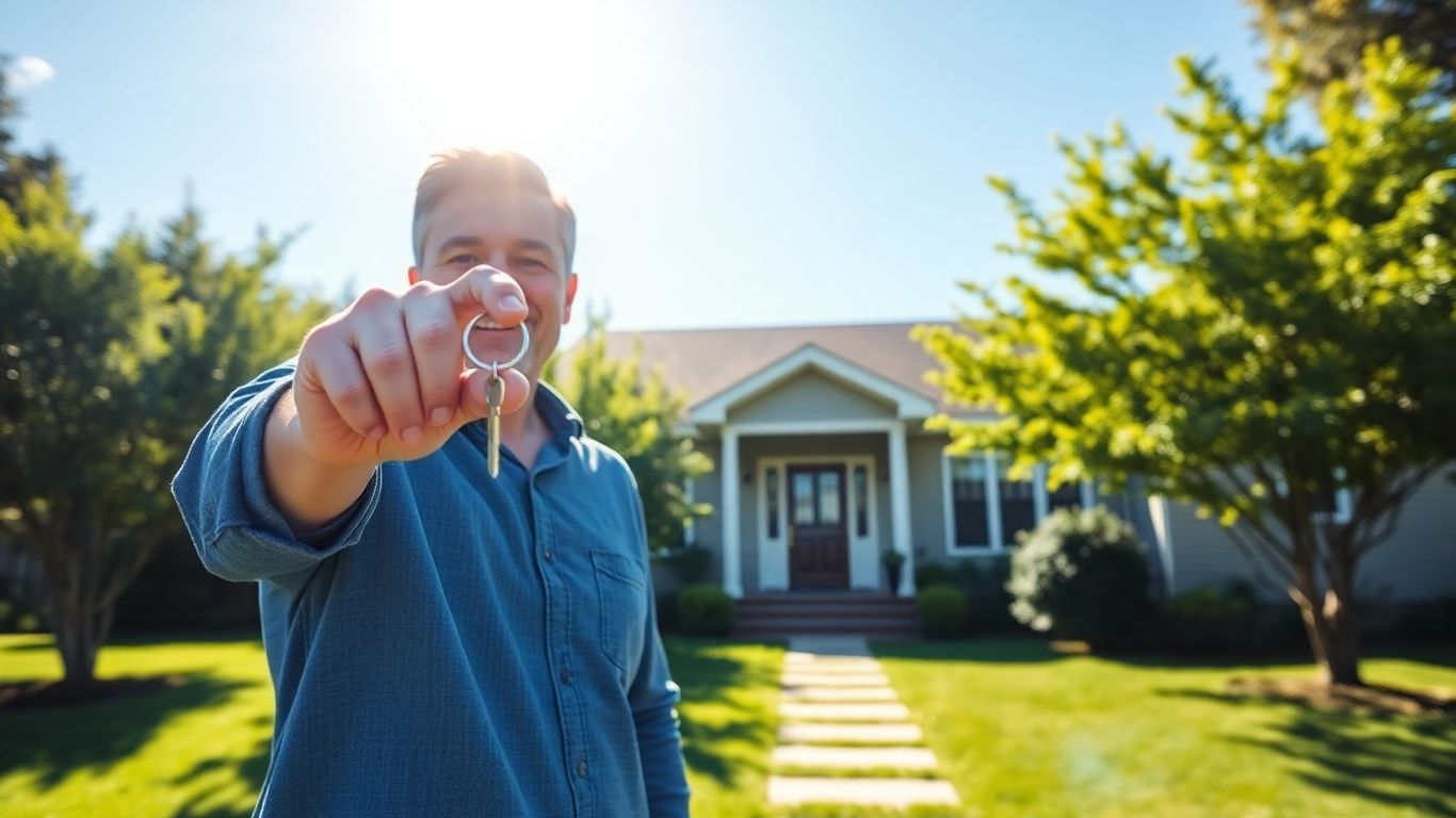 Happy homeowner with key, bright house, sunny day.