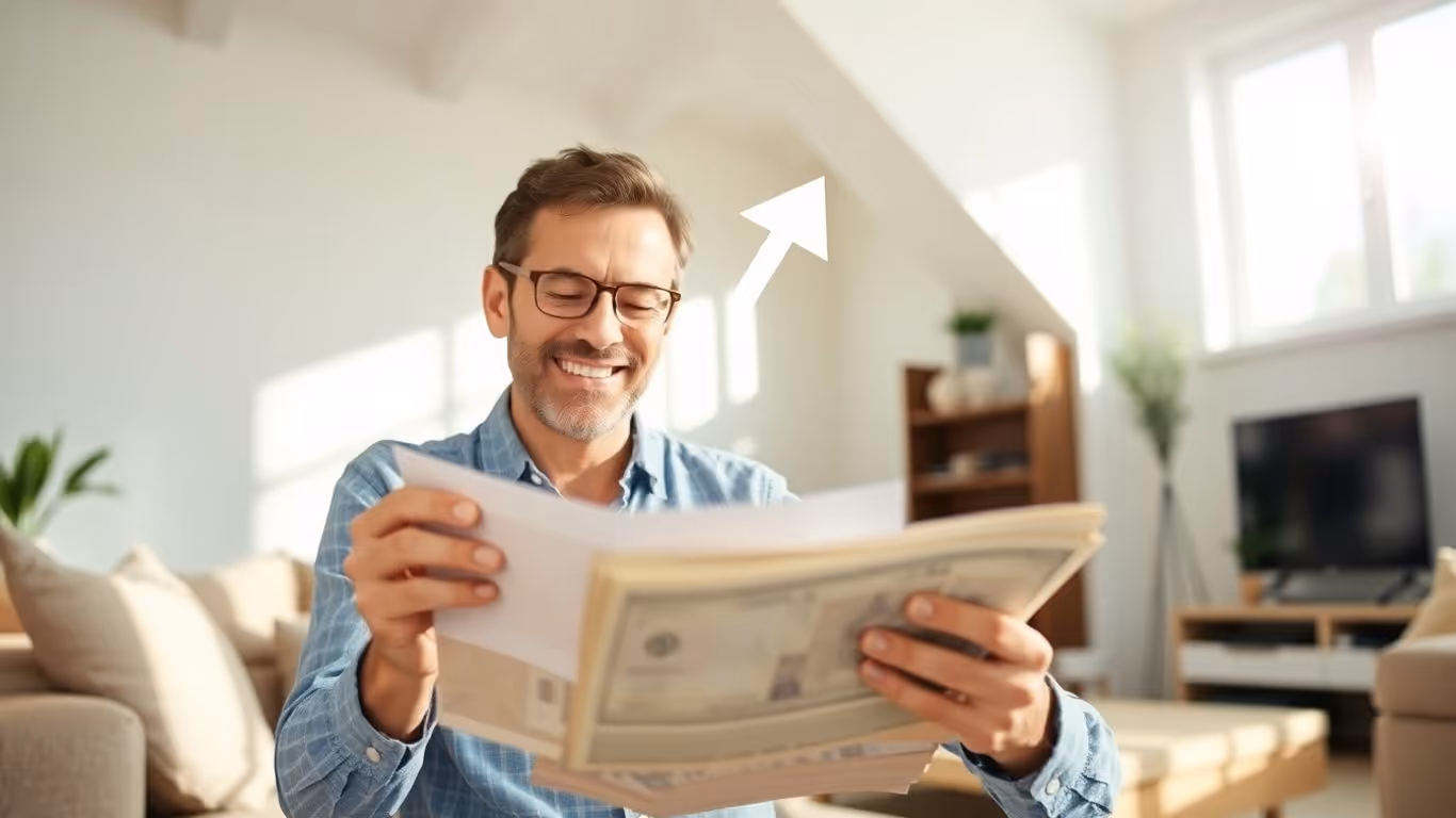 Homeowner looking at bills with financial improvement graphic.