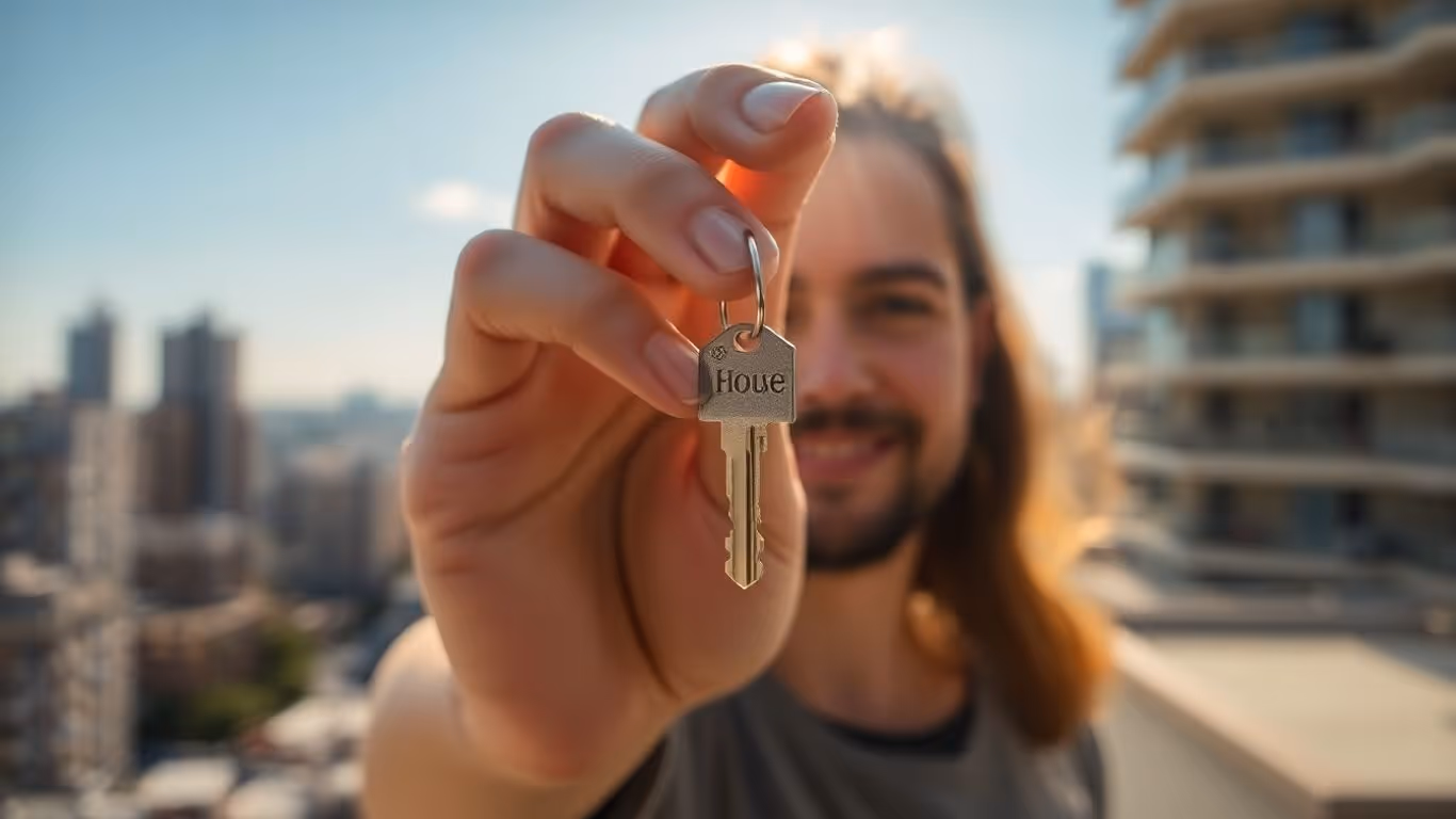 Person holding house key, cityscape background, sunlight.