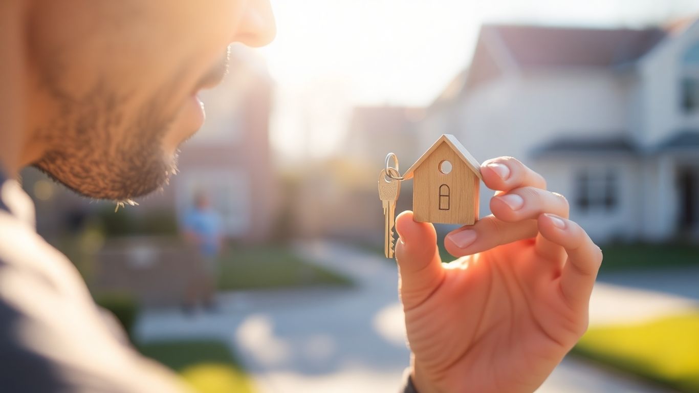 Person holding house key, considering mortgage refinance.