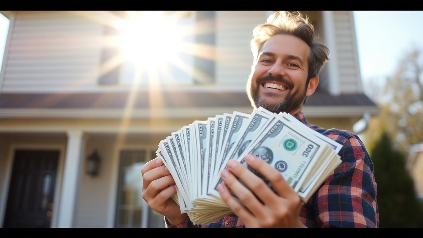 Homeowner with cash, house, and sunlight.