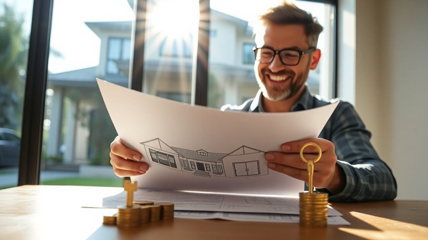 Homeowner with house plans and money, symbolizing refinance savings.