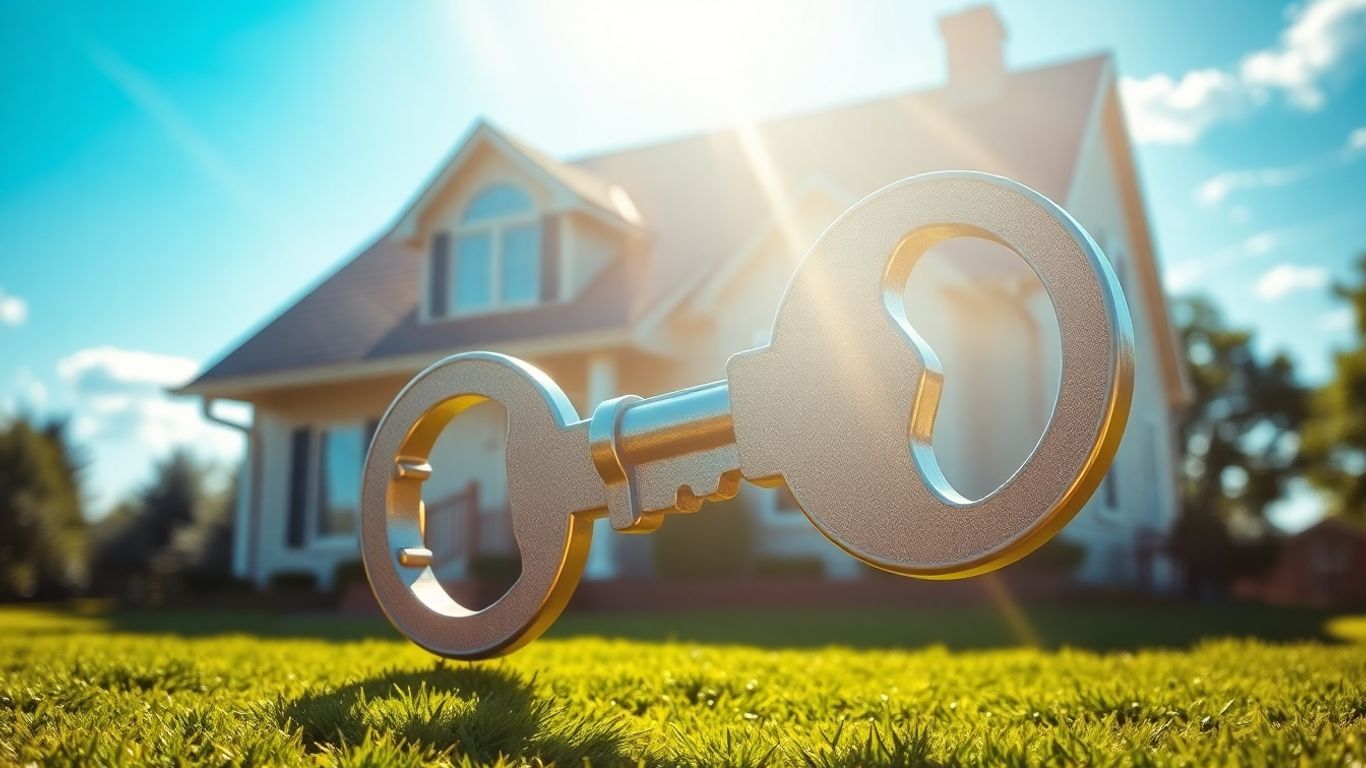 House with a large key, symbolizing mortgage refinance savings.
