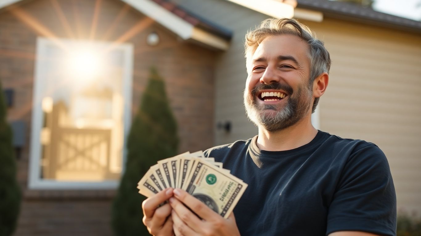 Happy homeowner with cash, house background, financial relief.