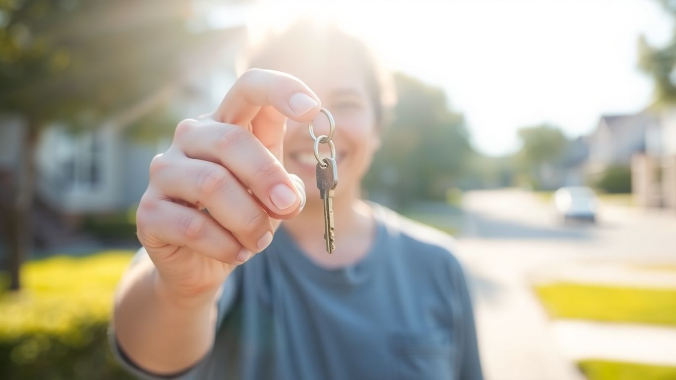 Person holding house key, sunlit street background.