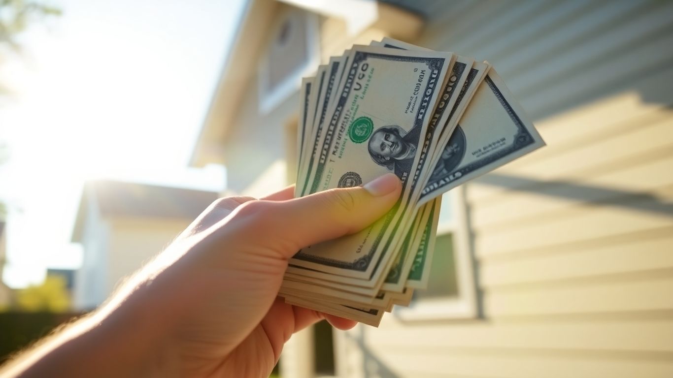 Hand holding money with house in background