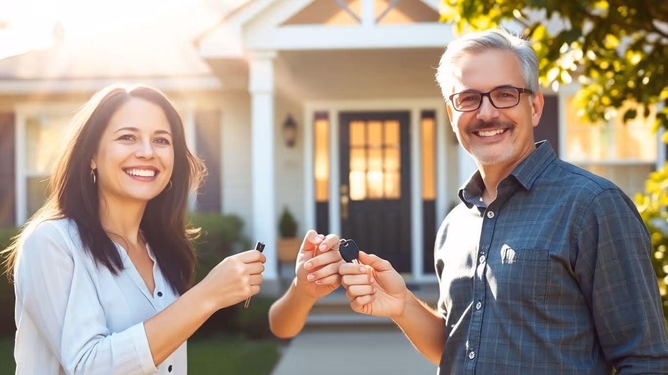 Couple with keys in front of home, symbolizing VA refinance savings.