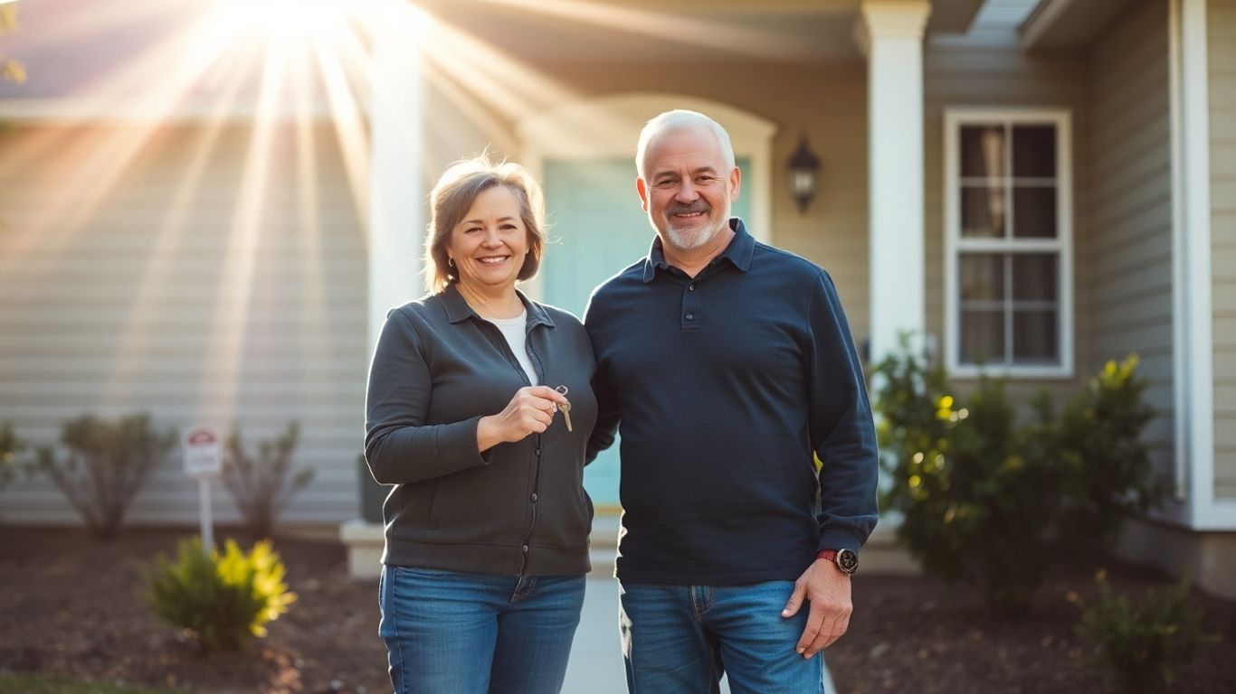 Veteran couple with keys in front of their home.