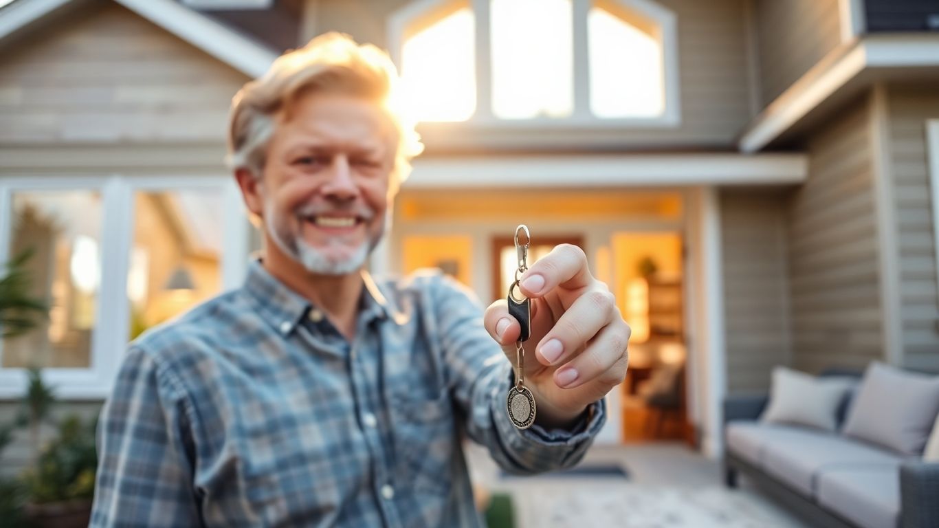 Homeowner with keys, happy about refinancing.