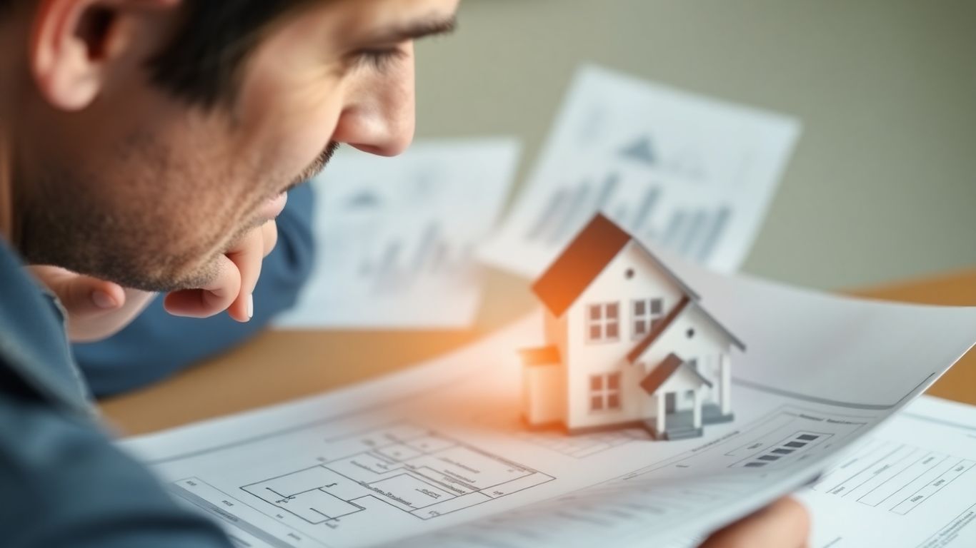 Person considering mortgage refinance options with house blueprint.