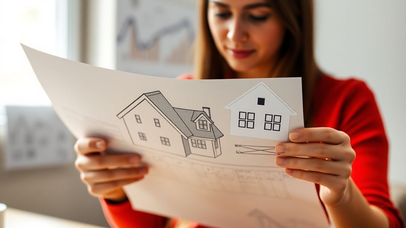 Person considering mortgage refinance options with house blueprint.