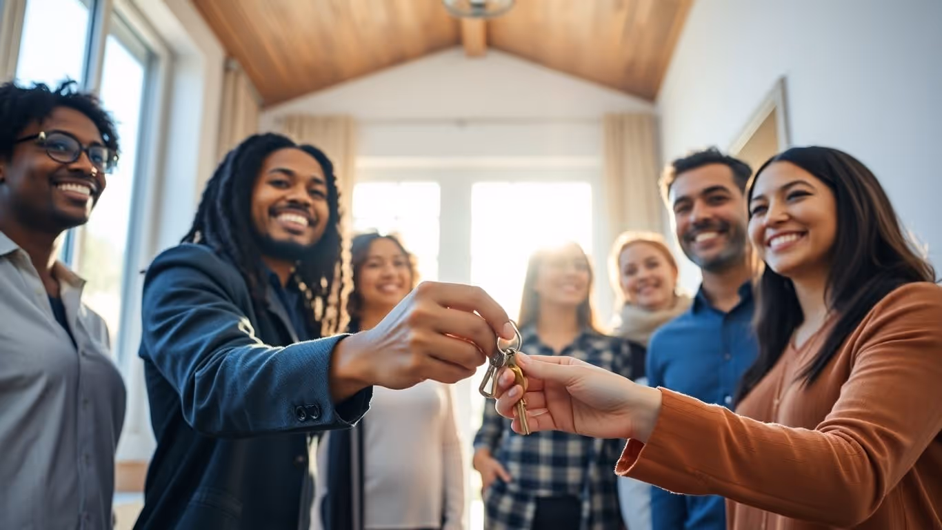 People celebrating homeownership and financial success.