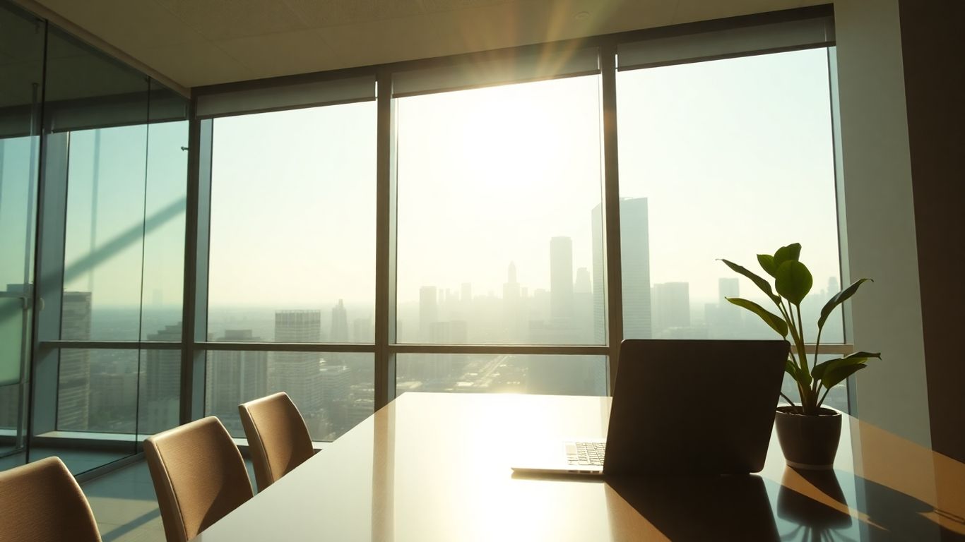 Modern office with city view, laptop, and plant.