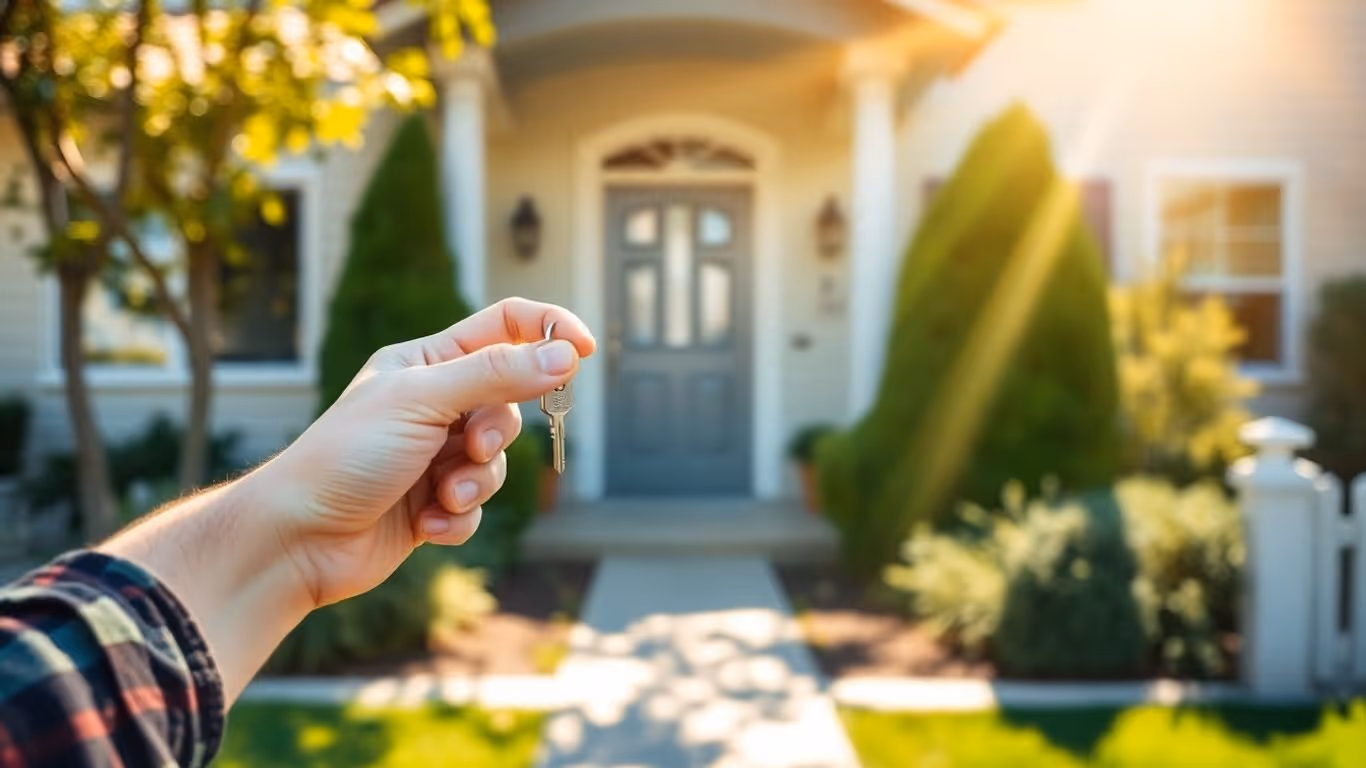 Homeowner with key, happy about refinance options.