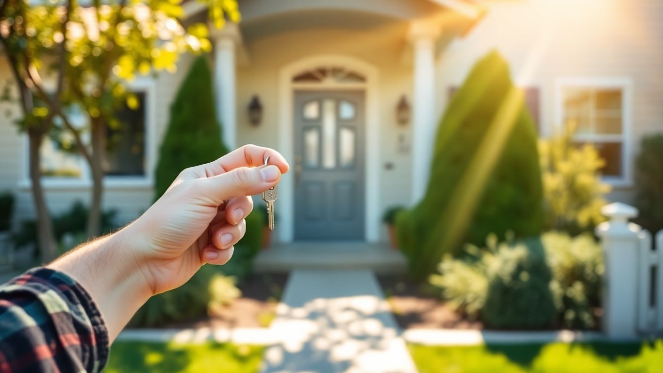 Homeowner with key, happy about refinance options.