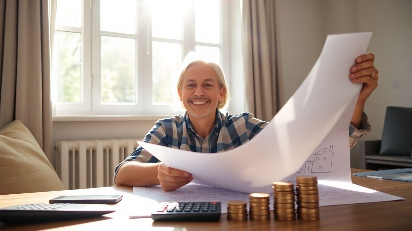 Homeowner with blueprint and coins, planning refinance.