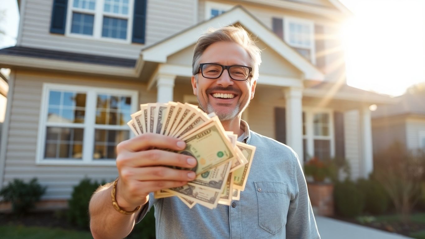 Homeowner with cash in front of house.