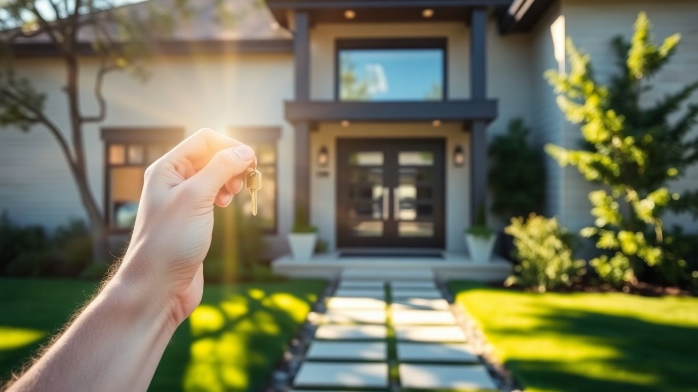 Homeowner with key, happy about refinancing their home.