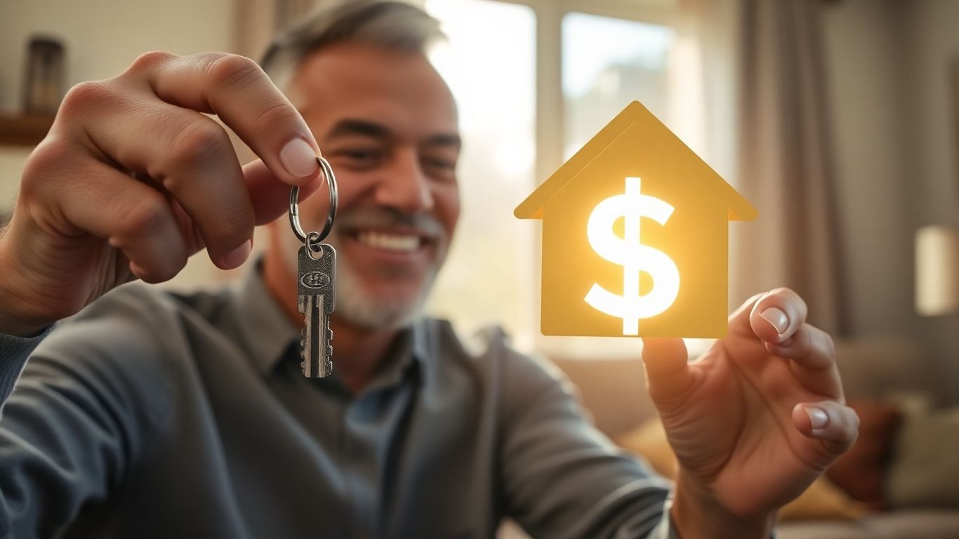 Homeowner with key and dollar sign, symbolizing savings.