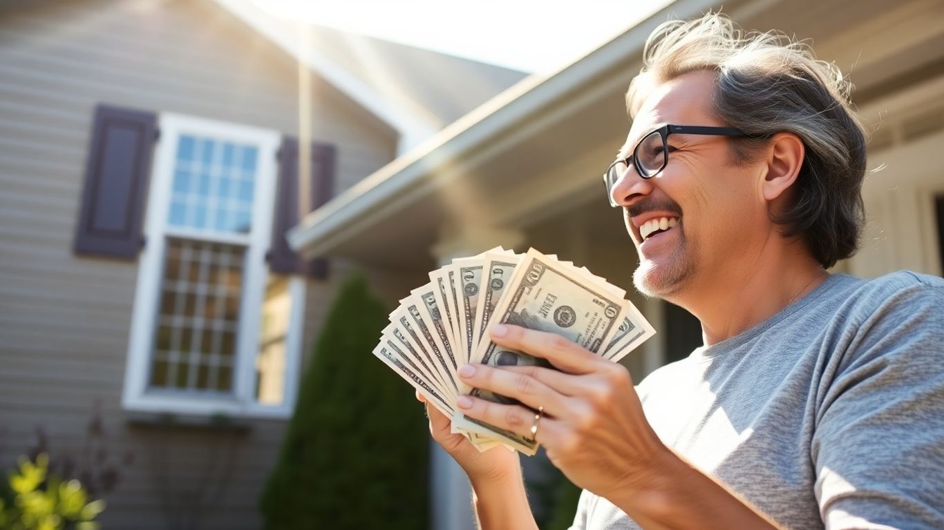 Homeowner with cash, looking at house.