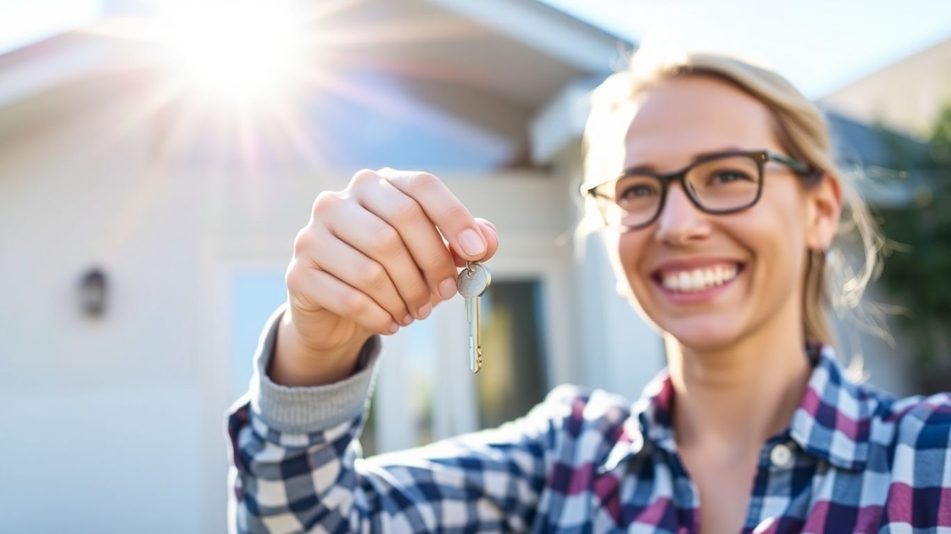 Homeowner with key, symbolizing mortgage refinance success.