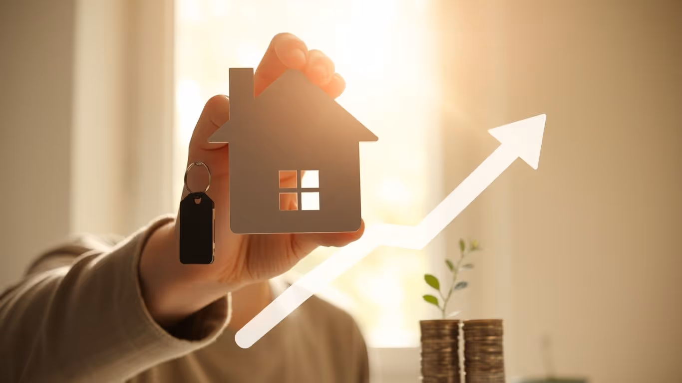 Person with house key and upward arrow, symbolizing savings.