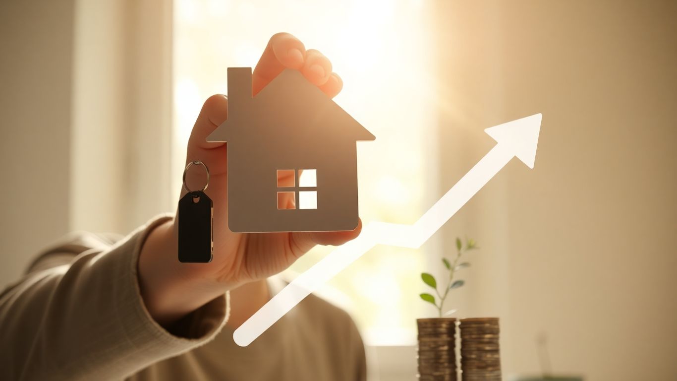 Person with house key and upward arrow, symbolizing savings.