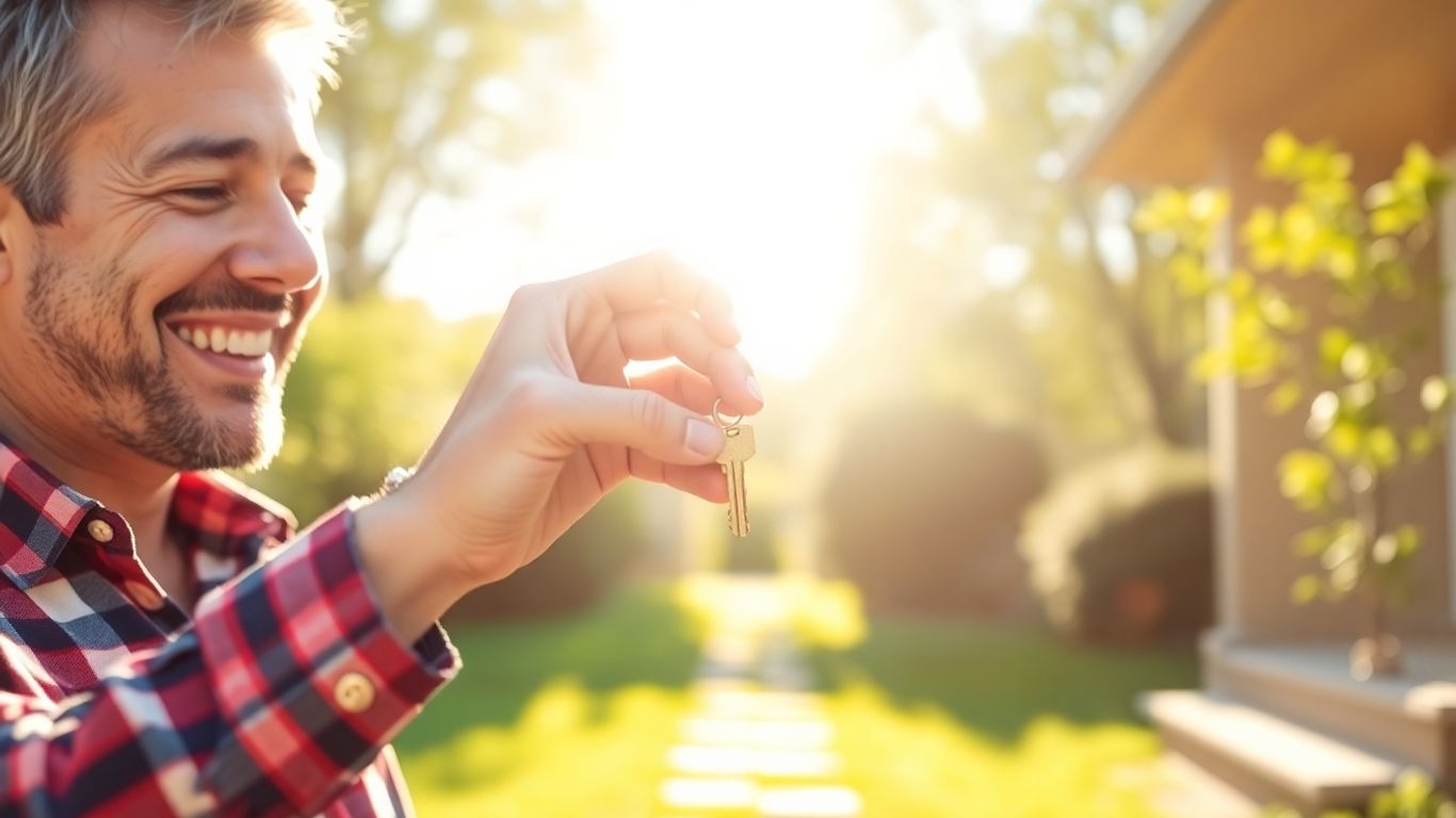 Homeowner with house key, financial growth background.