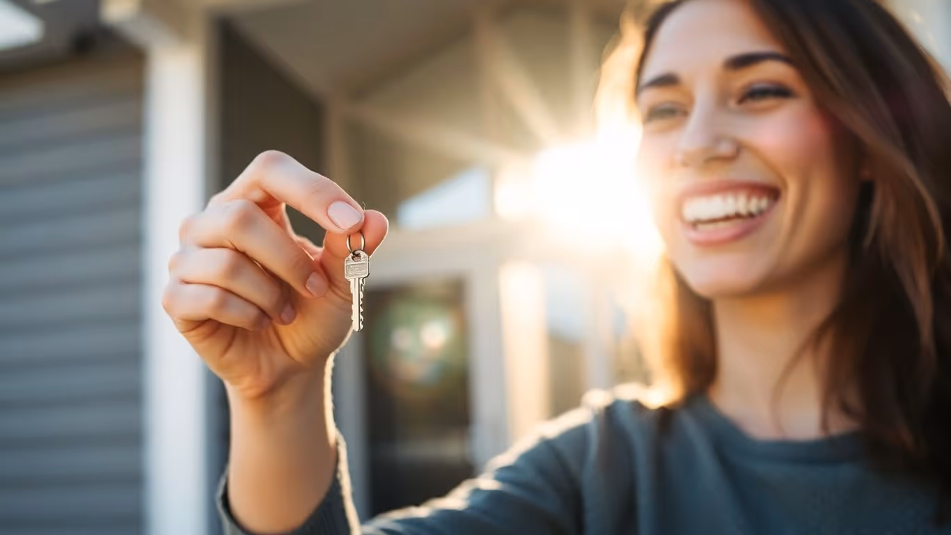 Person holding house key, smiling, symbolizing mortgage savings.
