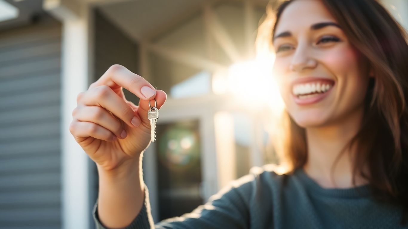 Person holding house key, smiling, symbolizing mortgage savings.
