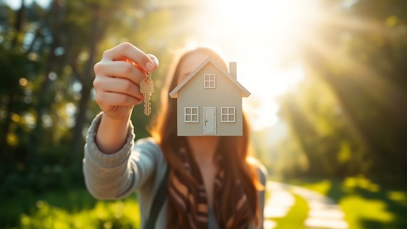 Person holding house key, financial growth background.
