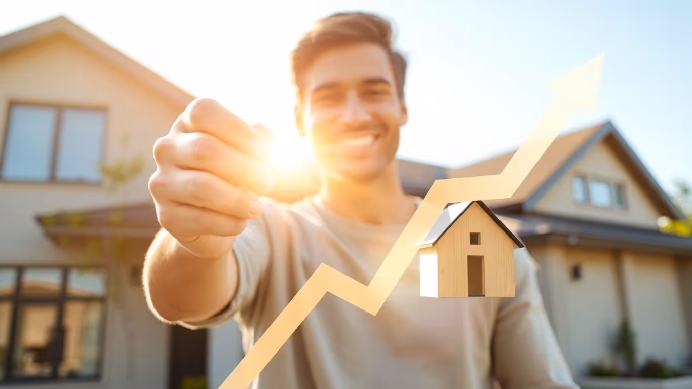 Homeowner with key, upward arrow, bright sunlight.
