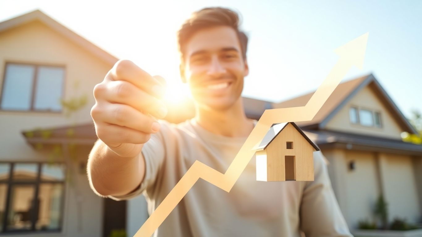 Homeowner with key, upward arrow, bright sunlight.