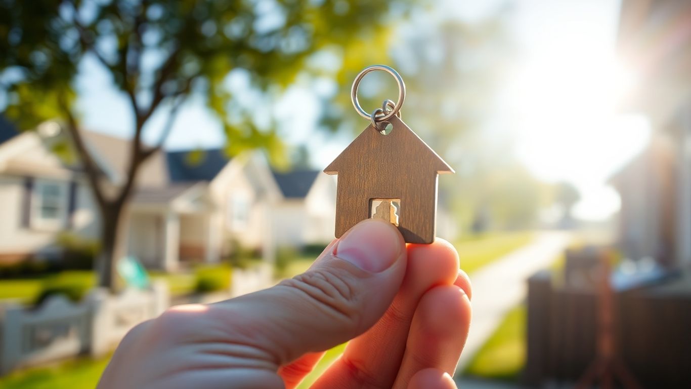 Hand holding house key, sunny neighborhood background.
