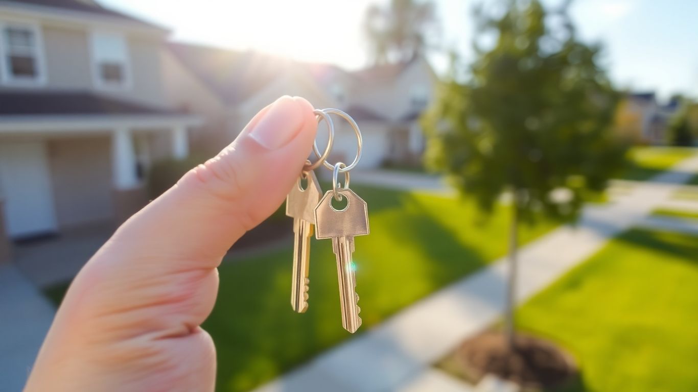 House key with blurred neighborhood background