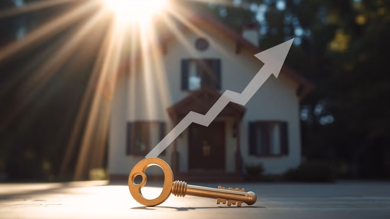 House with golden key and upward arrow.