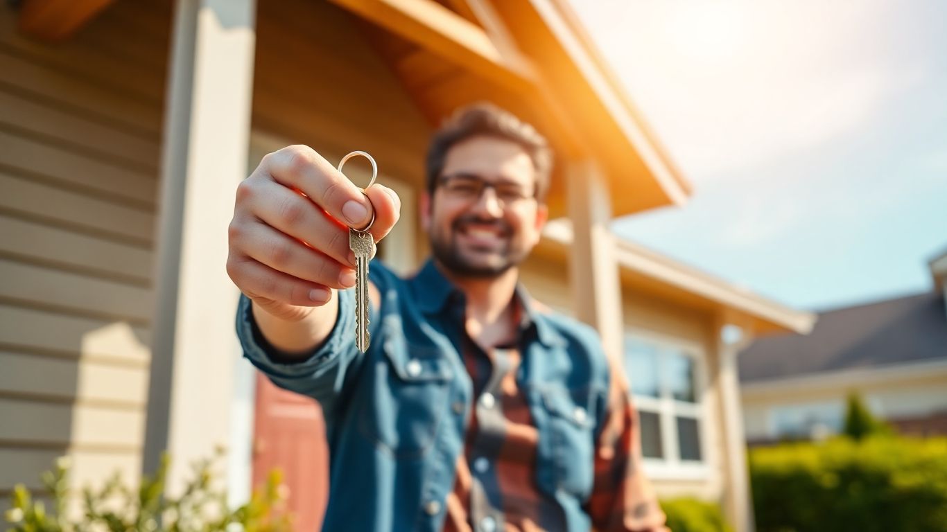 Homeowner with key, symbolizing mortgage refinance success.