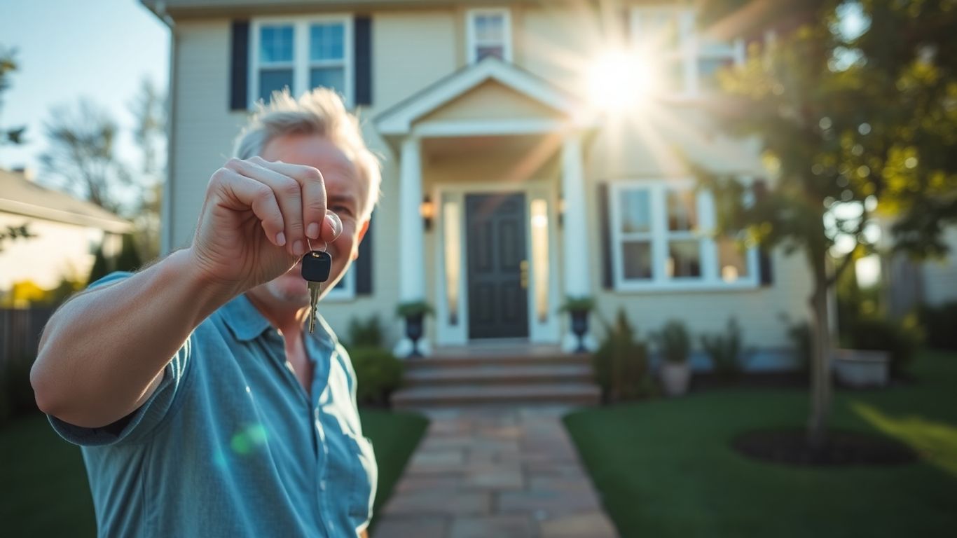 Homeowner with keys, happy about mortgage refinance.