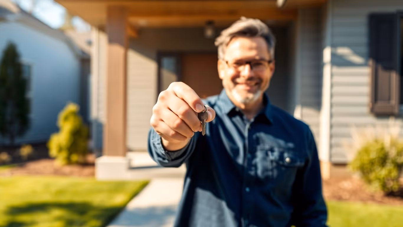 Homeowner with key, happy about refinancing mortgage.