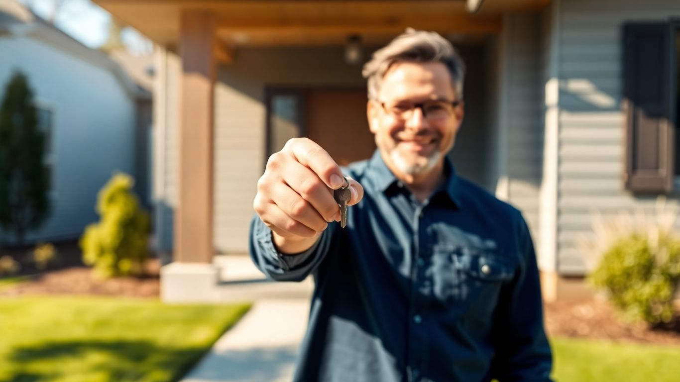Homeowner with key, happy about refinancing mortgage.