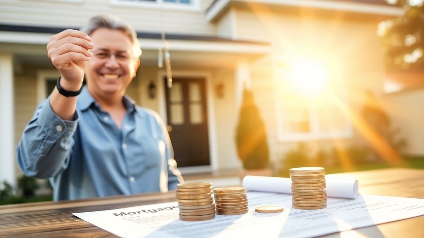 Homeowner with keys, mortgage document, and coins.