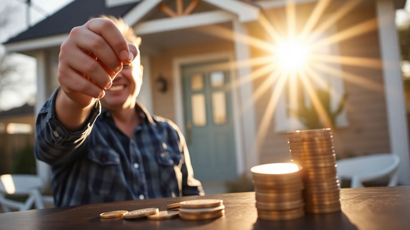 Homeowner with key and coins, symbolizing mortgage savings.