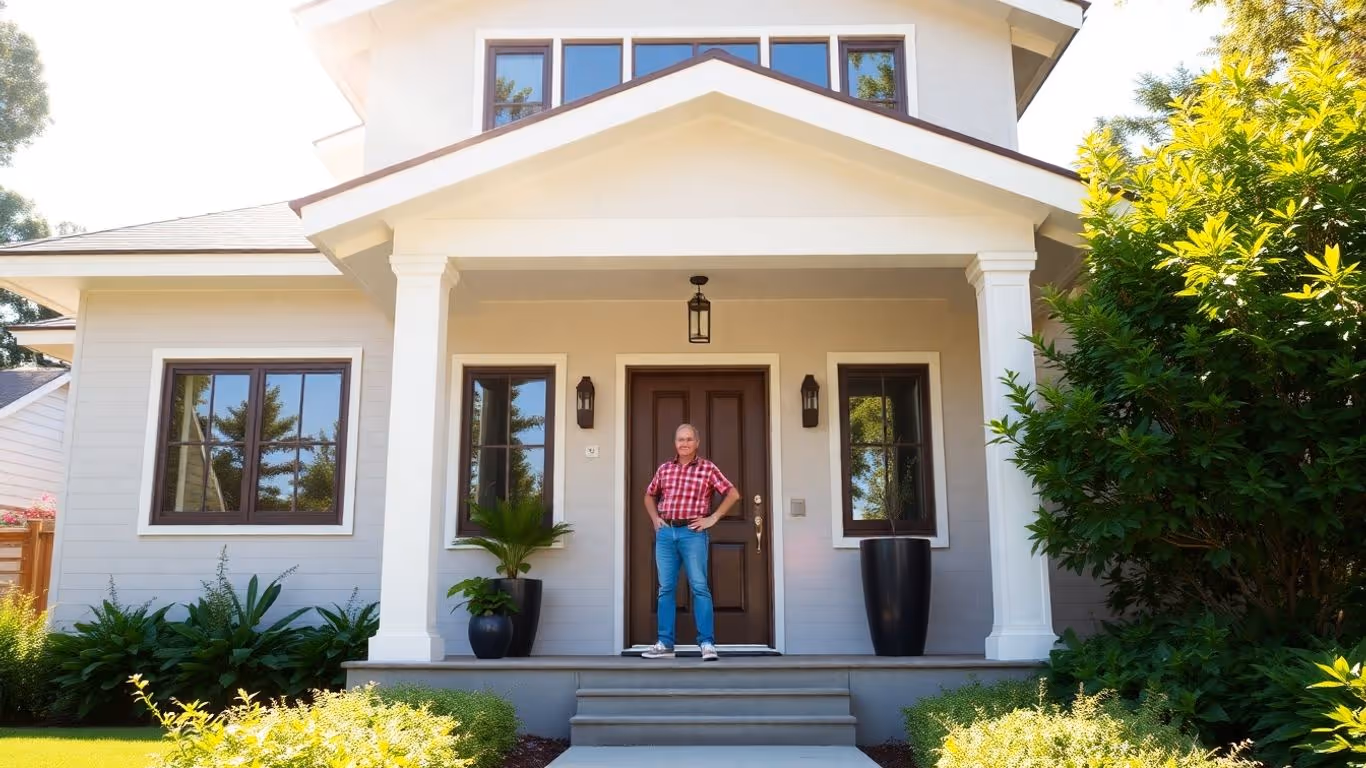 Modern home with happy homeowner, refinance mortgage concept.