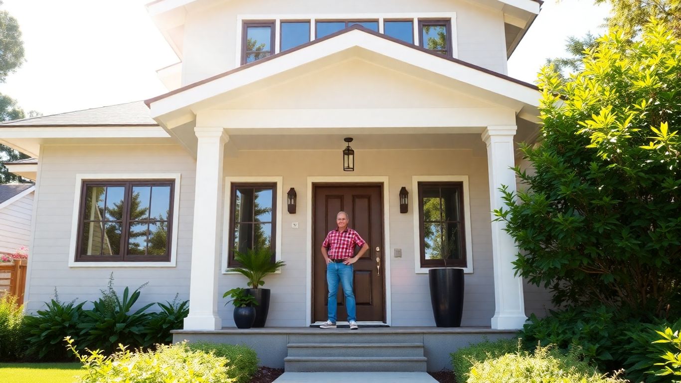 Modern home with happy homeowner, refinance mortgage concept.