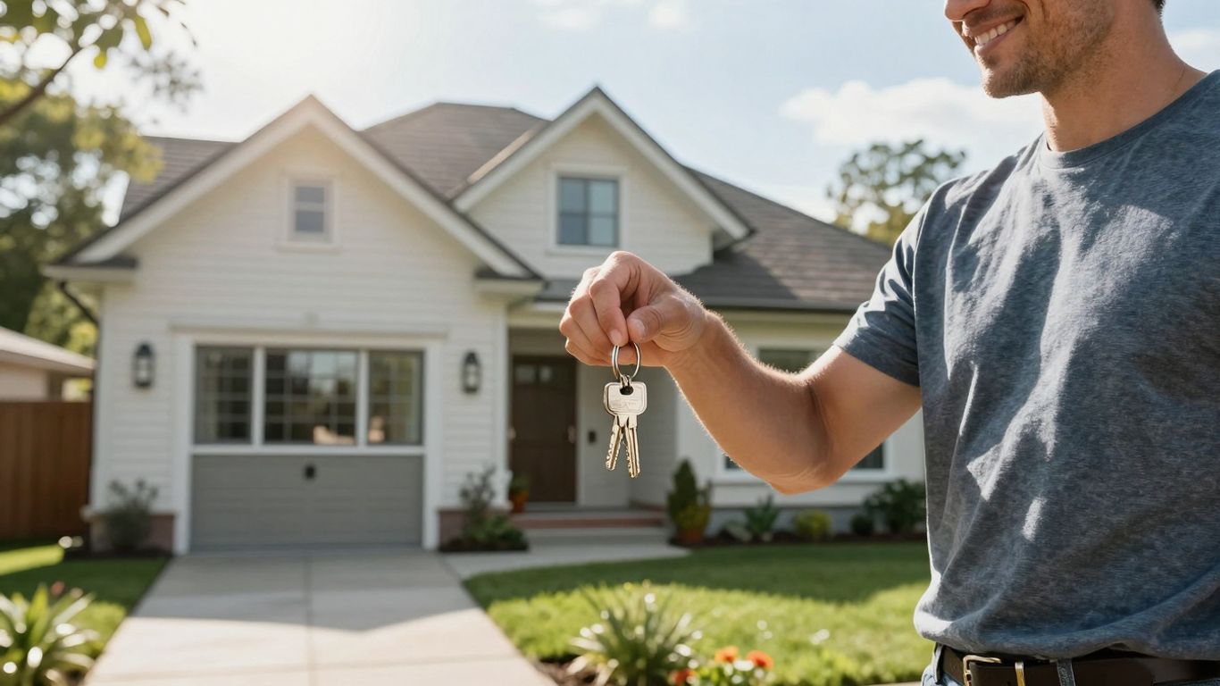 Homeowner with keys, happy about refinancing mortgage.