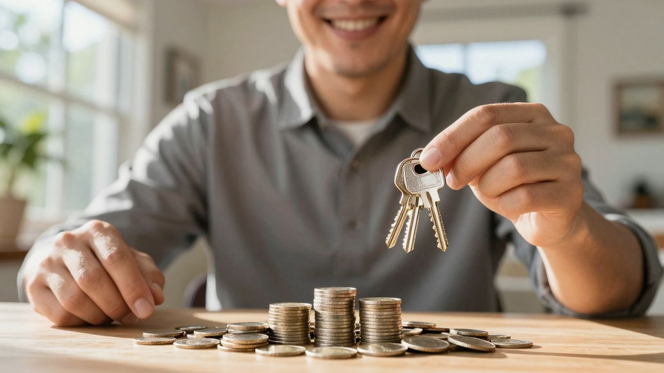 Homeowner with keys and coins, symbolizing financial relief.