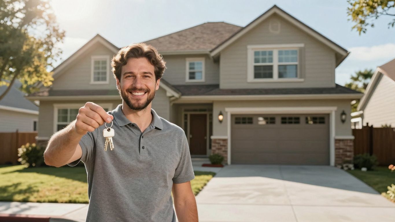 Happy homeowner with keys, house, sunlight.